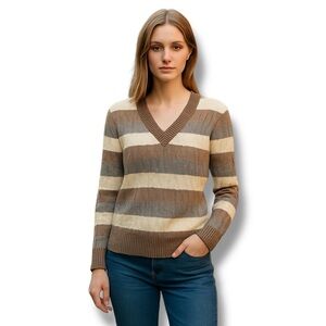 Ann Taylor LOFT Women’s Neutral Striped Sweater Wool Angora Blend Cozy Knit L